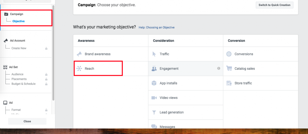Select Objective of Your Facebook Ad